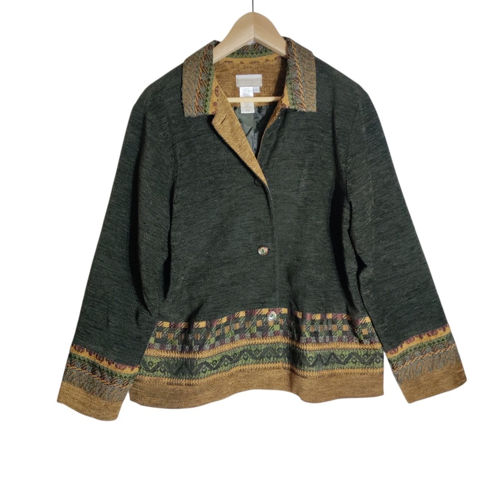 Coldwater Creek Womens  Green Gold Geometric Trim Jacket Womans Size‎ Large